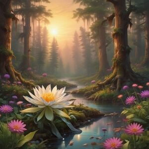 Serene Forest Art Print with White and Pink Accents